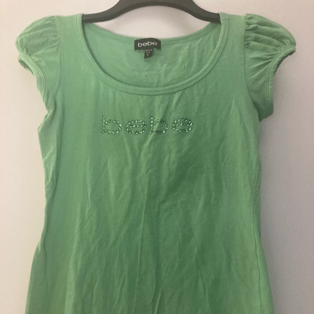 Bebe lime green slight puff cap sleeve t shirt matching green crystals